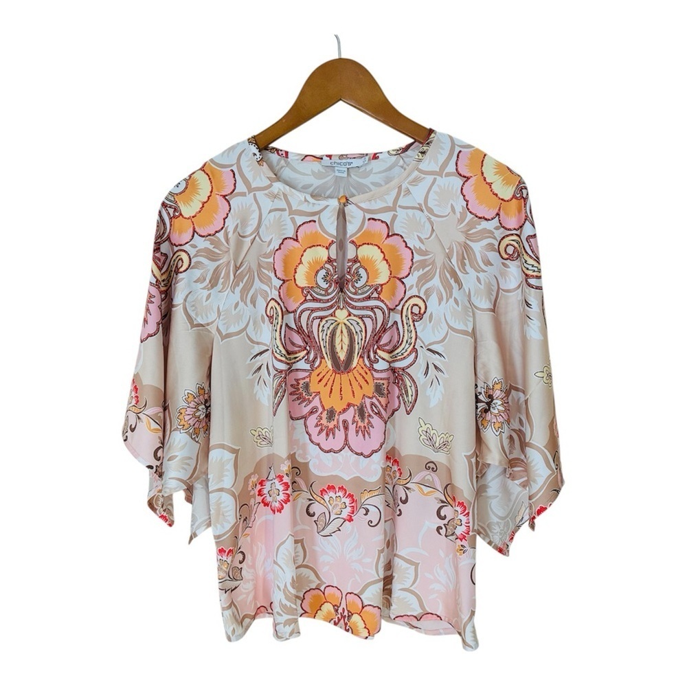Chico's Pastel Scarf Print Satin Floral Keyhole Blouse Top 0 Small 4 - Picture 6 of 12